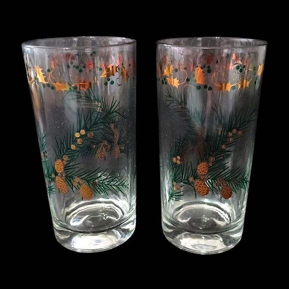 2 MCM Pine Branch Gold Holly Tumblers Continental Can Co Hazel Atlas Winter Vtg. - Picture 10 of 16